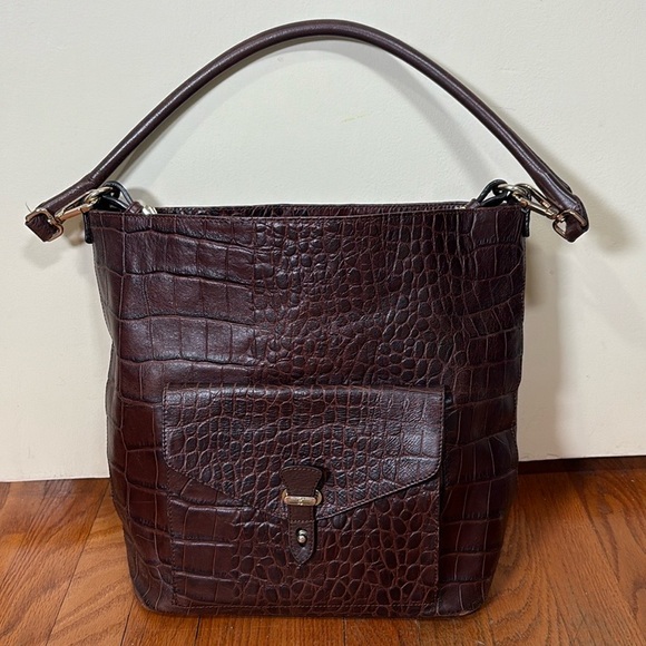 Massimo Dutti Cinch Closure Leather Shoulder Bag Crocodile Texture Brown - Picture 1 of 16